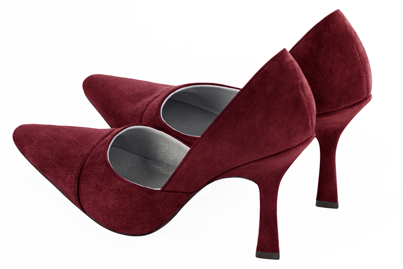 Burgundy red women's open arch dress pumps. Tapered toe. Very high spool heels. Rear view - Florence KOOIJMAN